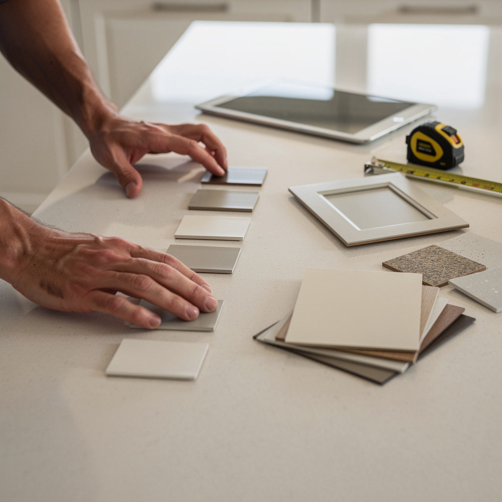 Elite Home Remodeling project manager reviewing kitchen plans with homeowners in Naperville, IL